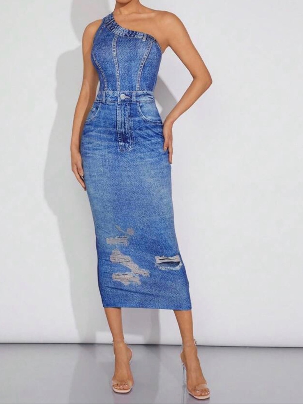 SHEIN Blue Distressed Denim Midi Pencil Skirt